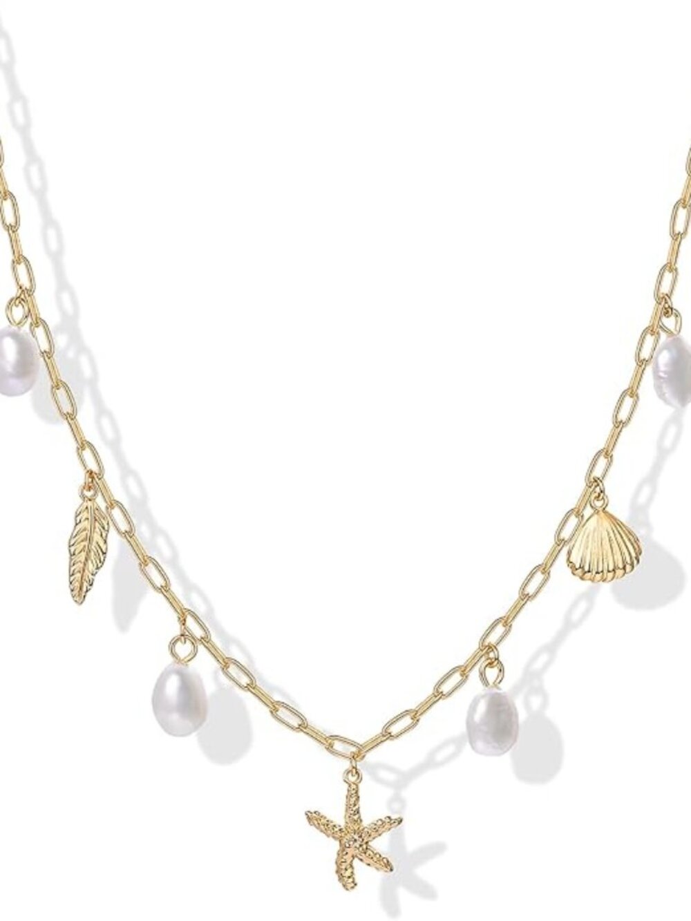 PAVOI 14K Gold Plated Beach Charm Necklace Dainty Paperclip Chain Pearl Shell